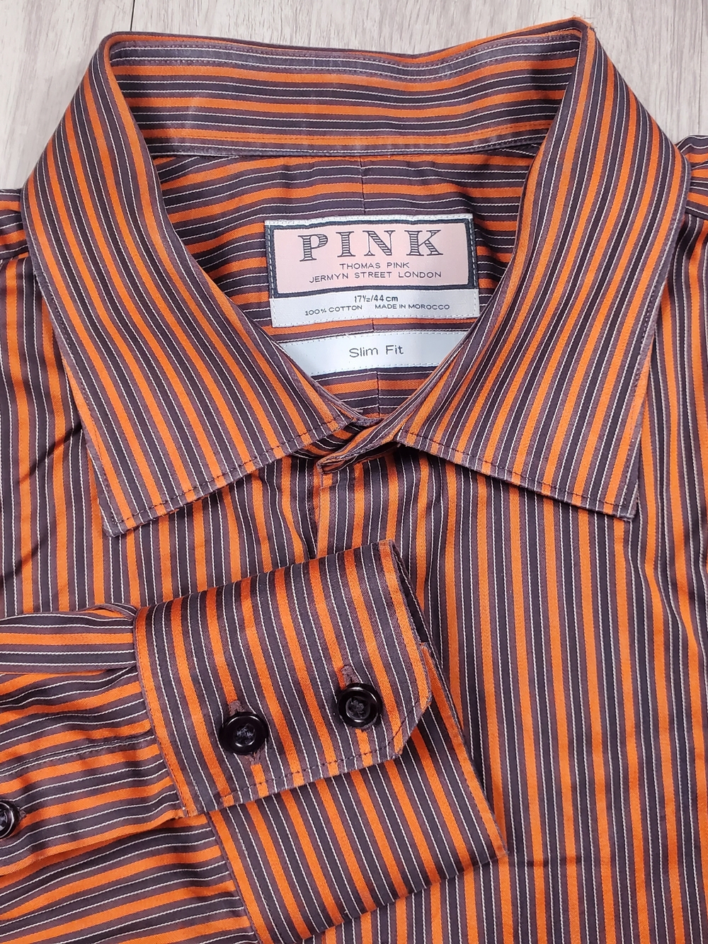 Thomas Pink Jermyn Street London Slim Fit Dress Shirt Mens 17.5 Orange Stripe Ls